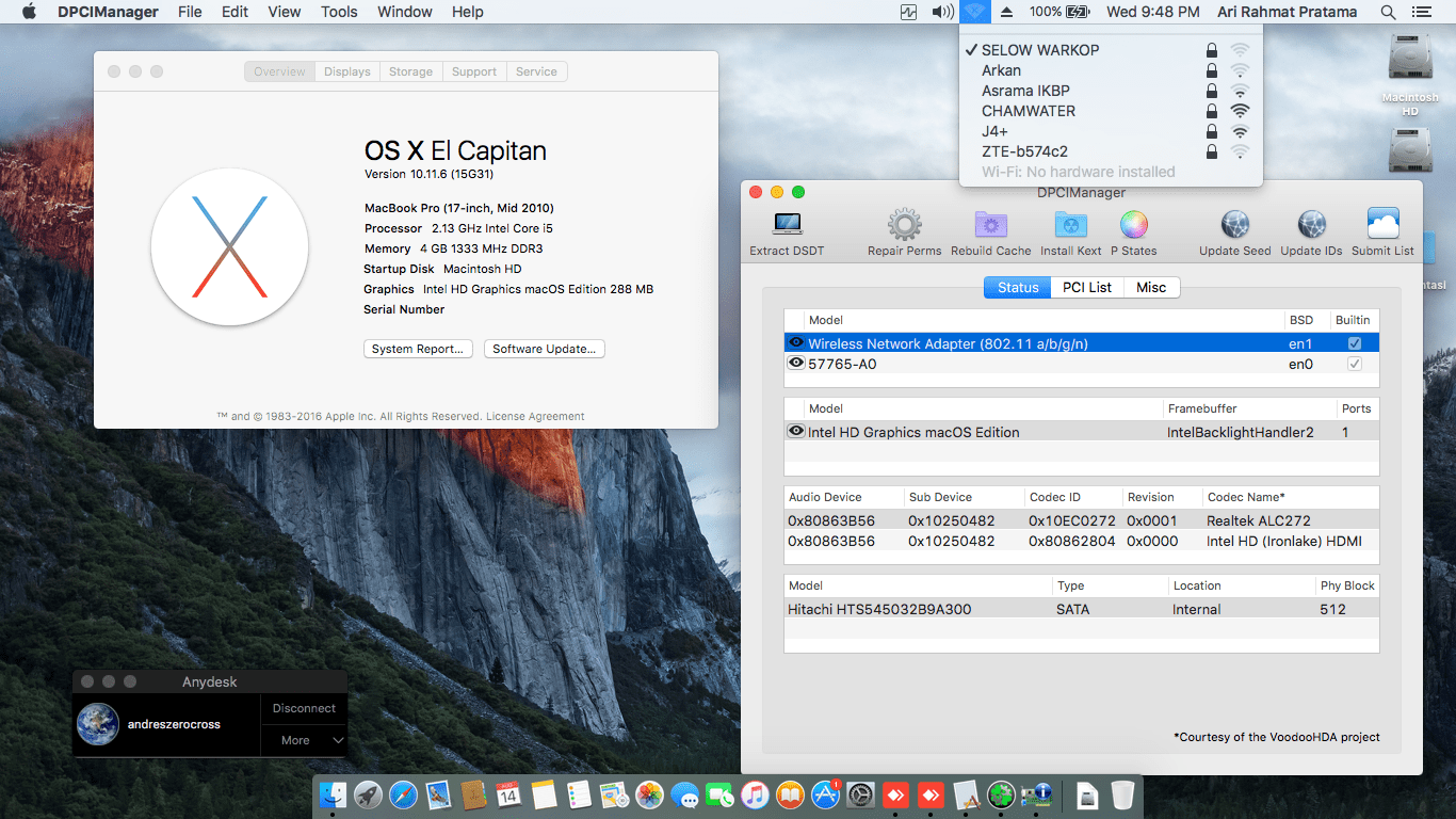 Success Hackintosh OS X El Capitan 10.11.6 Build 15G31 at Acer 4738Z